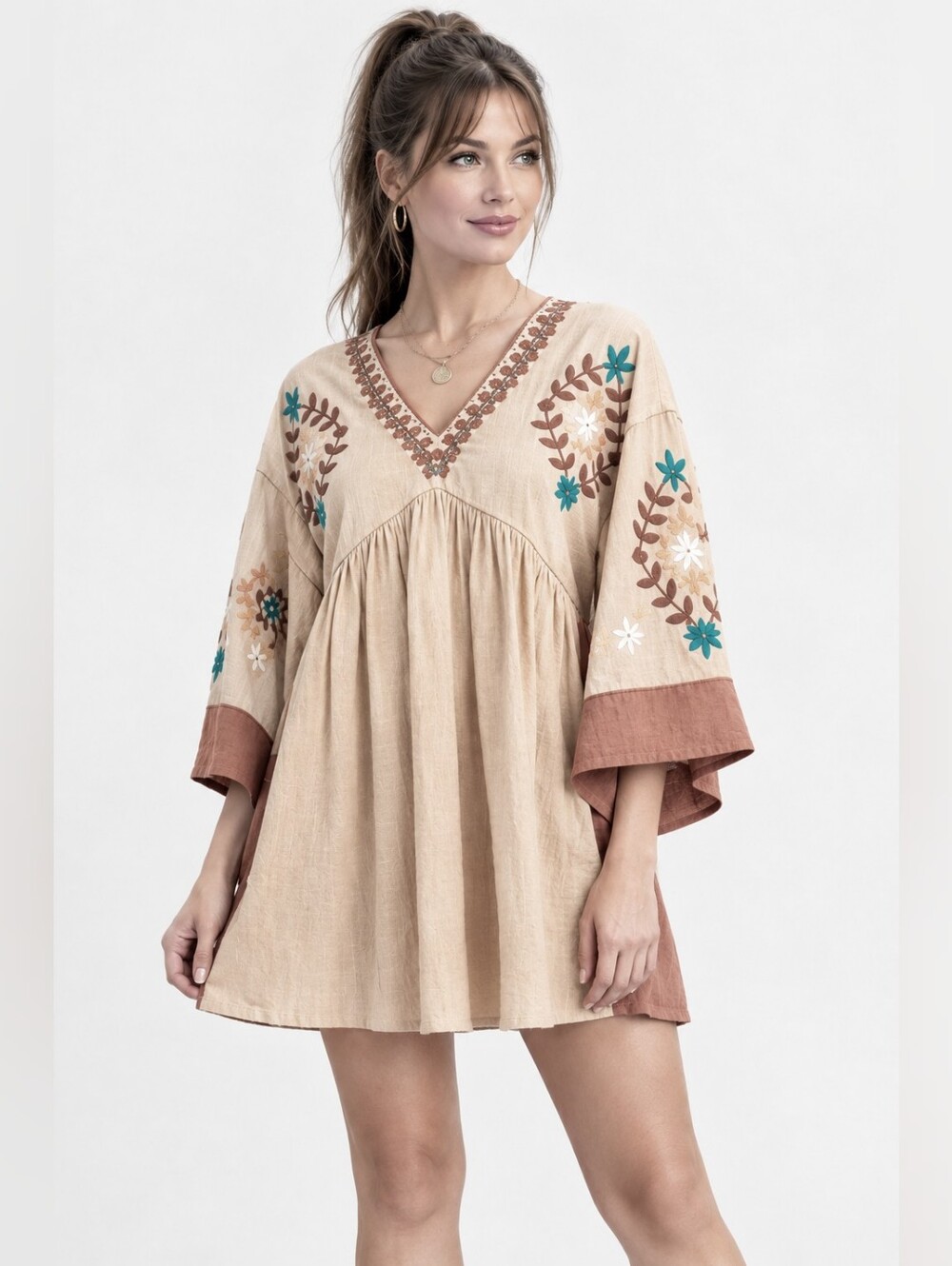 New Easel Embroidered Prarie Chic Boho Poly Linen Woven Mini Dress NWT Size S